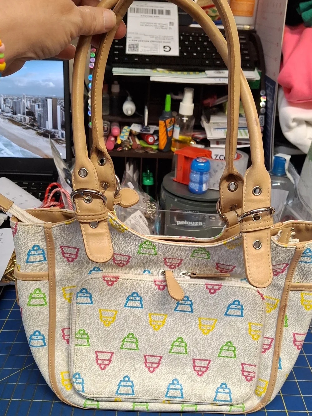 Kathy Van Zeeland Y2K Multicolor Patterned Tote Bag Tan Handles